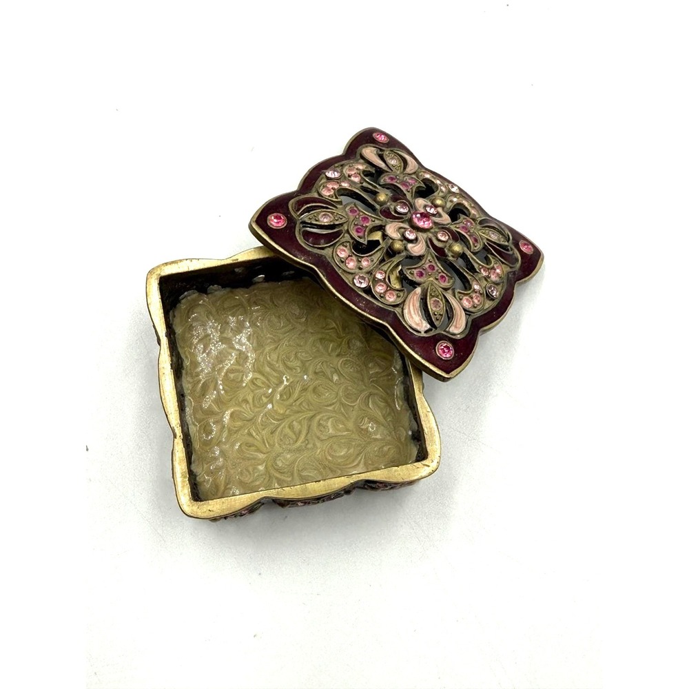 Vintage Style Filigree Trinket Box Burgundy Enamel Pink Rhinestone Jewelry Case
